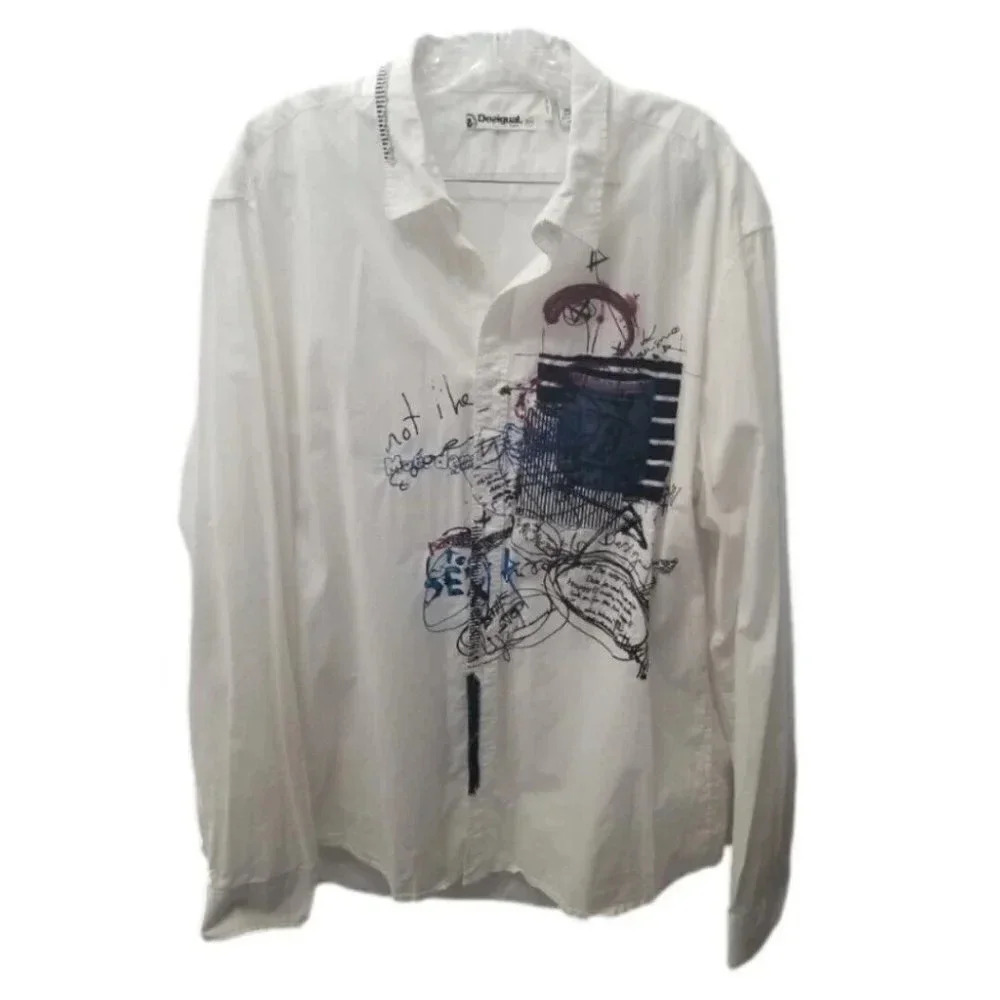 Desigual Men's White Abstract Button Down Dress Shirt 2XL